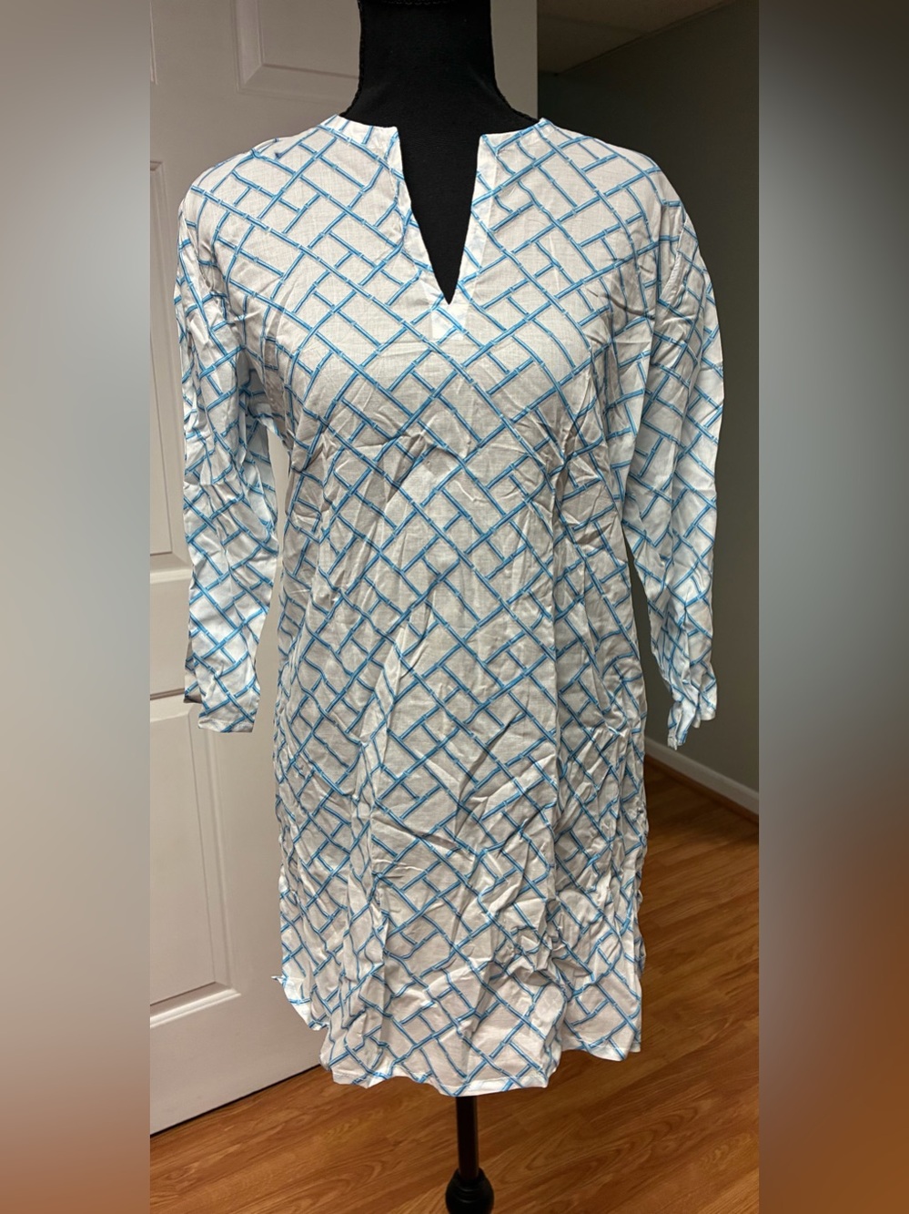 NWT Charleston Shoe Co Blue Bamboo Lattice Cotton Tunic Dress Large